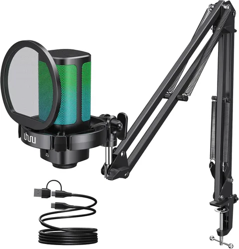 Vista 9 de UHURU Micrófono USB para juegos para PC, micrófono de computadora con RGB controlable para jugadores de PS4/5, micrófono de podcast con brazo boom