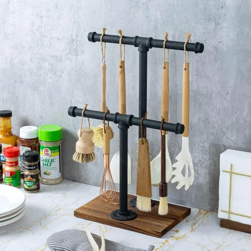 Vista 5 de MyGift Soporte de exhibición de joyería industrial ajustable de 2 niveles, tubo de metal rústico y base de madera marrón para collares, pulseras