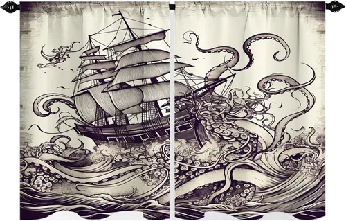 Vista 11 de Cortinas cortas de playa con diseño náutico de tortugas marinas y estrellas de mar para dormitorio, juego de 2 paneles de 27.5 pulgadas de ancho x