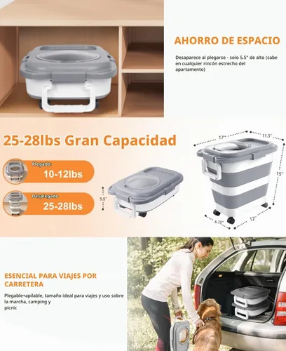 Vista 7 de HOYTAMDAR Recipiente para almacenamiento de alimentos para perros de 25-28 libras, recipiente plegable para alimentos de perro, ruedas, asa