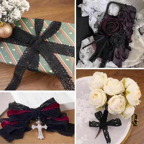 Vista 7 de Cinta de encaje negra de 15 yardas, ribete de encaje de algodón, encaje de ganchillo para costura, para manualidades, envoltura de regalo, decoración