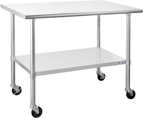 Vista 41 de Mesa de acero inoxidable para preparación y trabajo, con ruedas giratorias, mesa resistente, comercial NSF, con estante inferior y protector