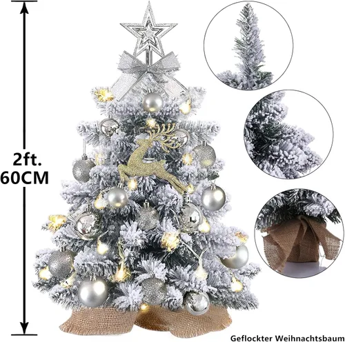 Vista 7 de Mini árbol de Navidad con luces, árbol de Navidad de mesa preiluminado de 24 pulgadas/2 pies con 19 decoraciones, pequeña decoración artificial
