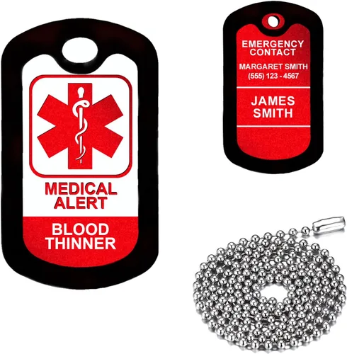 Vista 21 de Alerta médica morada, Alzheimer, etiqueta de identificación médica de aluminio personalizada con collar de acero inoxidable de 24 pulgadas