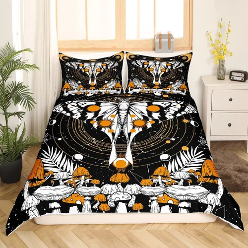 Erosebridal Funda de edredón de sol y luna para adolescentes y adultos, funda de edredón de hongos amarillos, tamaño individual, juego de colcha de