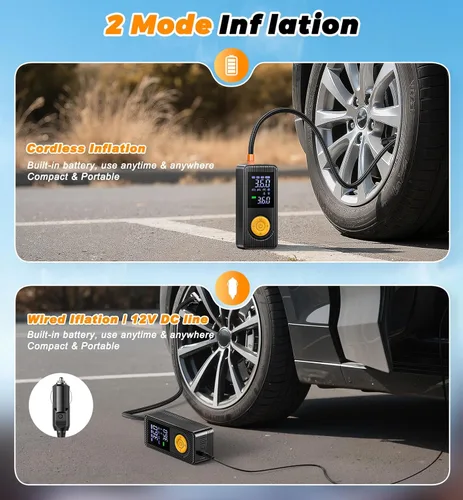 Vista 2 de Compresor de aire portátil para inflado de neumáticos, batería recargable de inflado rápido de 150 PSI 4X y adaptador de CC de 12 V bomba de aire