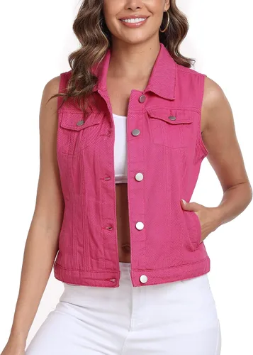 Vista 15 de Xeoxarel Chaleco de mezclilla para mujer, chaqueta vaquera sin mangas (XS-XXL)