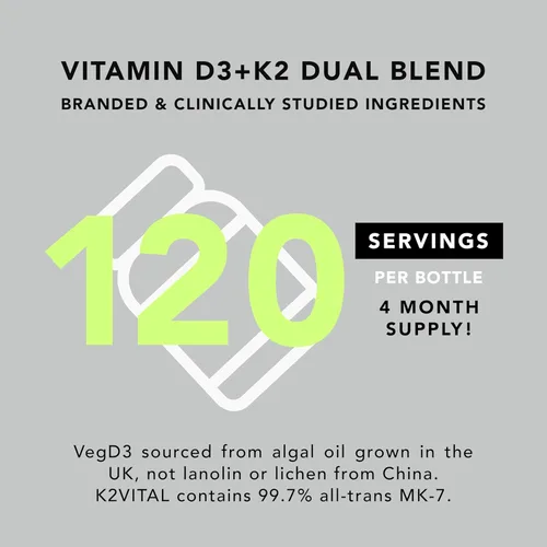 Vista 7 de Vegano prémium D3 K2. Vitamina D3 5000 iu de algas. All-Trans MK-7 K2. 120 cápsulas blandas. A base de plantas y sin carragenina. Mezcla de aceite