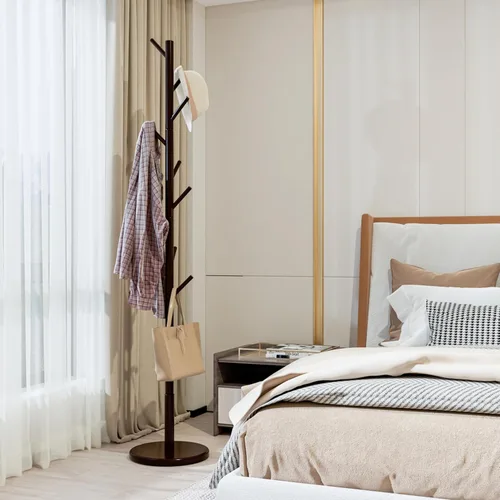 Vista 24 de Perchero de 2 niveles independiente, fácil de montar, 8 ganchos de madera, con almacenamiento de zapatos, resistente, para ahorrar espacio, perchero