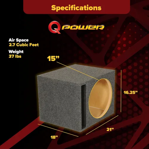 Vista 3 de QPower Caja de Subwoofer de 15 Pulgadas de Servicio Pesado con Ventilación Simple Cubierta de Alfombra Duradera para Audio de Vehículo Automóvil