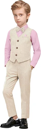 Traje formal para niños, traje de esmoquin, camisa de vestir con corbatín + chaleco delgado + pantalones, 4 piezas, 3-7 años