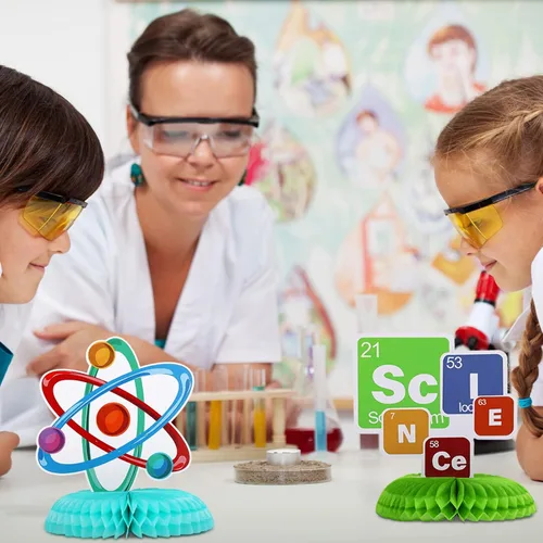 Vista 5 de Fainne 9 piezas de decoración de fiesta de ciencia para centros de mesa en 3D, decoración de mesa para feria de ciencias, química, matemáticas