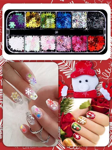 Vista 6 de EBANKU Lentejuelas de uñas de Navidad - Formas mixtas Láser Copos de nieve con purpurina Diseños de Navidad Coloridos 3D Nail Flakes