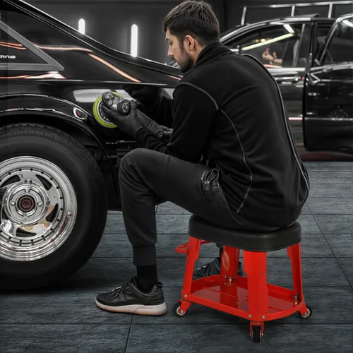 Vista 2 de M-AUTO Asiento de trabajo rodante de garaje resistente, taburete mecánico de capacidad de 300 libras con ruedas, bandeja para equipos y estante