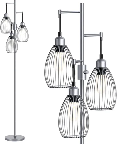 Vista 15 de Lámpara de pie regulable, 3 bombillas LED Edison de 800LM incluidas, lámpara de pie industrial de granja con elegante cabeza de jaula