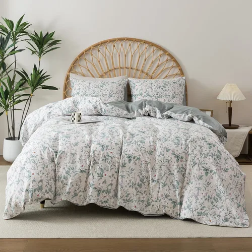 Vista 3 de HoneiLife Juego de funda de edredón floral 100% algodón, 3 piezas, suave, ropa de cama botánica con cierre de cremallera y lazos en las esquinas