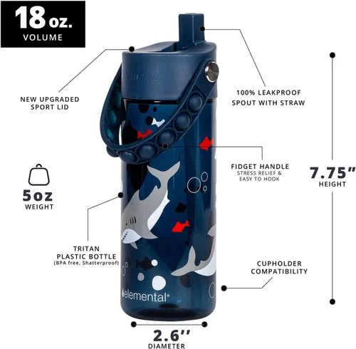 Vista 266 de Elemental Botellas de agua para niños – Botella de agua para niños Splash para la escuela con mango Pop-it – Botella de agua de plástico Tritan sin