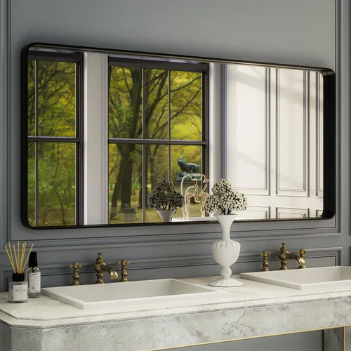 Vista 43 de ISKM Espejo de baño con marco de metal negro para pared de 40 x 32 pulgadas, espejo rectangular redondeado, antioxidante (horizontal/vertical)