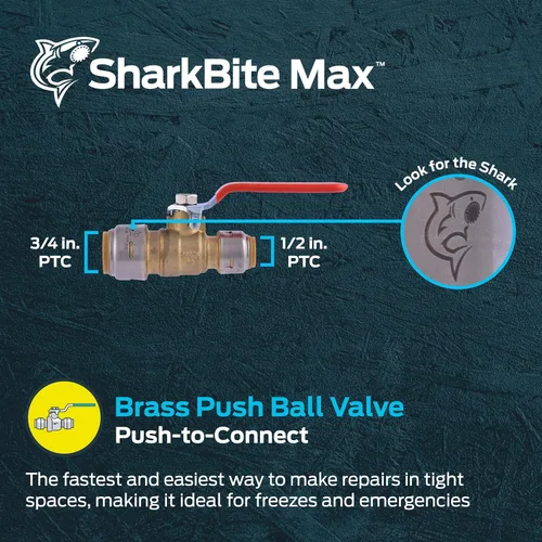 Vista 2 de SharkBite Max 3/4 x 1/2 en PTC, válvula de bola reductora, conexión de fontanería de cierre de agua de latón de empuje para conectar, UR22973