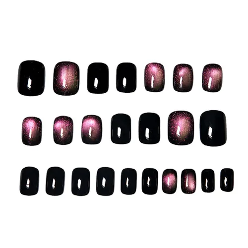 Vista 4 de Uñas cortas a presión, uñas postizas cuadradas con diseño de ojo de gato rojo, uñas postizas con pegamento brillante, uñas acrílicas de cobertura