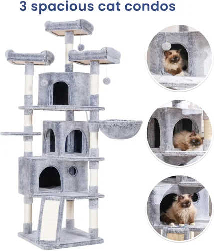 Vista 6 de Hey-brother Árbol para gatos XL, torre para gatos de 73.4 pulgadas con 3 cuevas, 3 perchas acogedoras, postes rascadores, tabla, centro