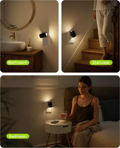 Vista 6 de AUVON Luz nocturna LED enchufable, luz nocturna moderna con sensor de movimiento con diseño giratorio de 90° y sensor de atardecer a amanecer, luces