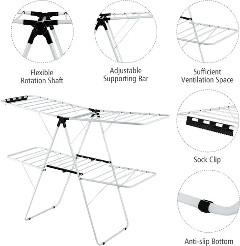 Vista 3 de Nightcore Estante de secado de ropa de 2 capas, estante de secado de aluminio con altura ajustable, no necesita montaje, estante compacto plegable