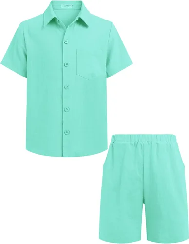 COOFANDY Boy's 2 Piece Outfit Linen Short Sleeve Button Down Shirt Shorts Sets