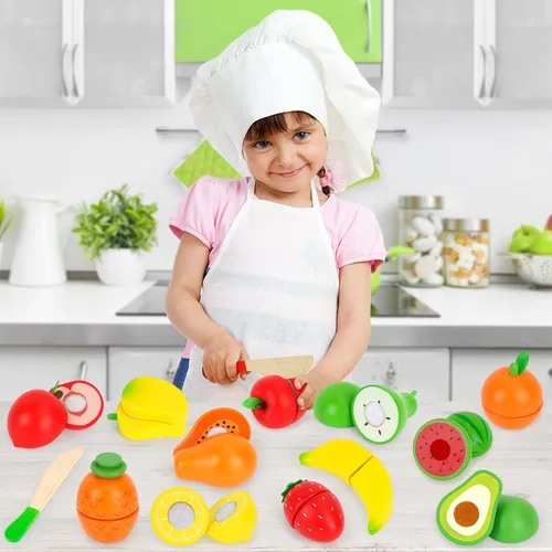 Vista 5 de ATOYUS Juego de alimentos de madera para niños pequeños de 1 a 3 años, accesorios de cocina para cortar frutas, alimentos de simulación con cajas