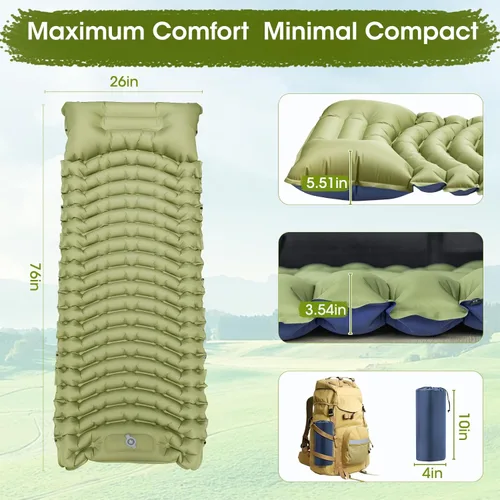 Vista 4 de Colchoneta de dormir para camping, almohadilla de dormir autoinflable, extra gruesa, con almohada con bomba de pie incorporada, colchoneta inflable