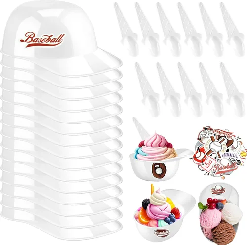 Vista 17 de MEEZY Juego de 16 cuencos de helado con diseño de casco de béisbol con 8 mini tazas de postre y 8 cucharas, 8 onzas. Cuencos reutilizables