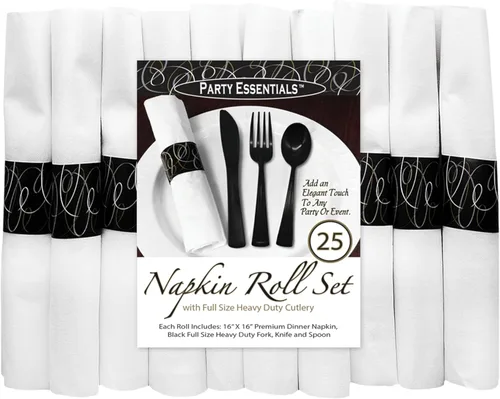 Vista 5 de Party Essentials Juego de cubiertos preenrollados desechables para fiestas, juego de cubiertos de plástico envuelto con servilleta, cucharas