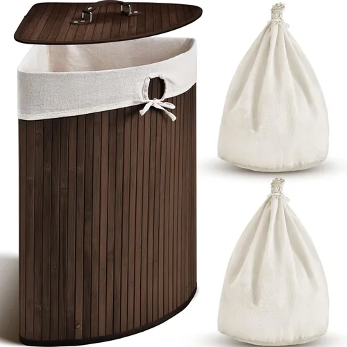 Vista 8 de Gueevin Cesta de bambú de esquina para la ropa sucia con tapa y forro extraíble, cesta de lavandería de bambú con asa, cesta de almacenamiento