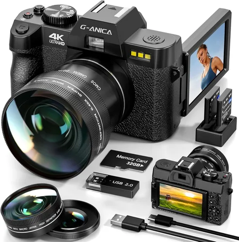 Cámaras digitales para fotografía 4K 48MP con enfoque automático y antivibración, cámara de vlogging para YouTube con pantalla abatible de 180° de 3