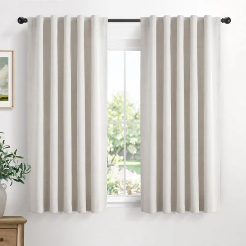 100% Blackout Shield Cortinas opacas de lino para dormitorio de 54 pulgadas de largo, con pestaña trasera, bolsillo para barra, cortinas para sala