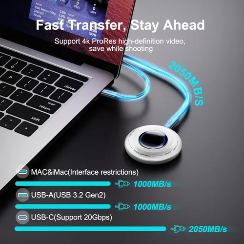 Vista 4 de FP108 SSD portátil magnético de 2 TB, unidades externas de estado sólido con PD-100W y 2050MB/s USB-C 3.2 Gen 2x2, reproducción mientras se carga