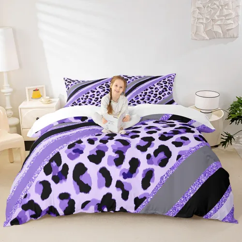 Vista 30 de Juego de funda de edredón para niños con estampado de leopardo, tamaño individual, juego de ropa de cama de moda de piel de guepardo abstracto