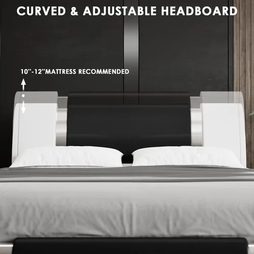 Vista 5 de TTVIEW Base de cama tapizada de piel sintética moderna con decoración de metal de hierro cabecera curvada ajustable soporte de listones de madera