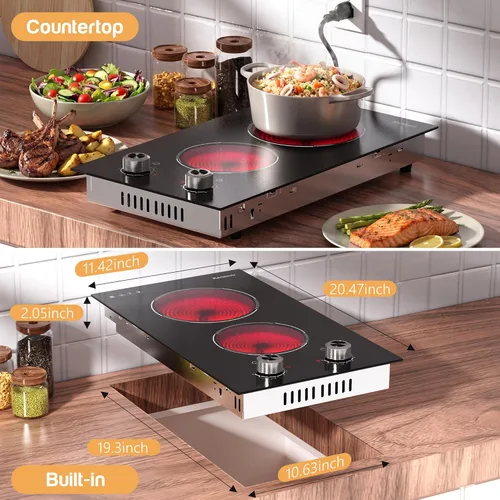 Vista 5 de Placa de cocina eléctrica de 2 quemadores, enchufe de estufa eléctrica de 110 V, placa de cocina eléctrica de 2000 W con controles de perilla