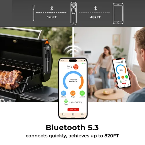 Vista 4 de BlueSwan Termómetro digital inalámbrico inteligente Bluetooth para carne de 820 pies, termómetro de alimentos con aplicación para parrilla