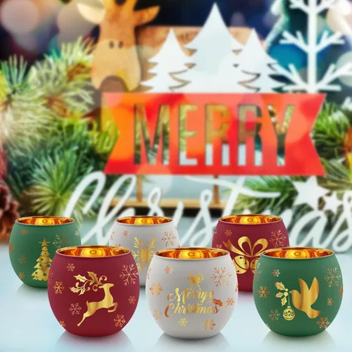 Vista 5 de Juego de 6 portavelas votivas de Navidad, portavelas de cristal rojo, verde y blanco con 6 patrones de grabado láser para decoración de mesa