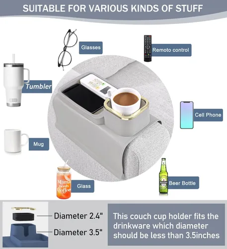Vista 5 de HMASYO Bandeja Portavaso para Sofá - Bandeja de Silicona para Brazo de Sofá, Organizador de Bebidas y Bandeja para Control Remoto, Snacks, Celular