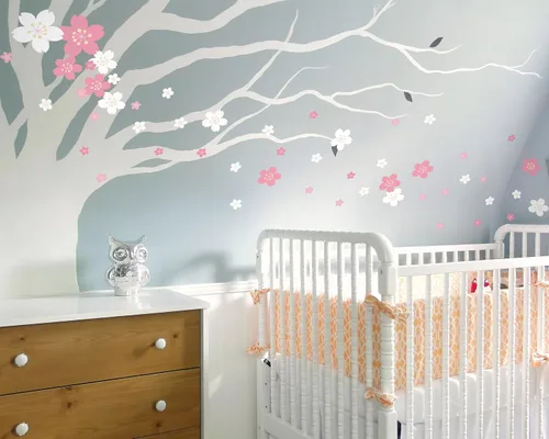 Vista 6 de FLFK 55 calcomanías de pared de flores de cerezo para despegar y pegar, calcomanías de pared para guardería, sala de estar, dormitorio, habitación