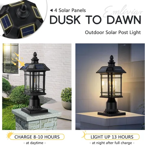 Vista 2 de Emliviar Luz de poste solar para exteriores de 16 pulgadas, lámpara de poste con montaje en muelle del anochecer al amanecer con control remoto