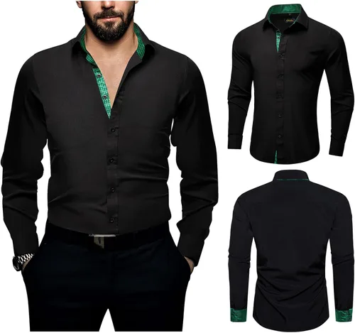 Vista 3 de DiBanGu Camisas de vestir negras para hombre, camisas de manga larga con botones, ajuste regular, contraste interior, camisa formal de algodón S-3XL