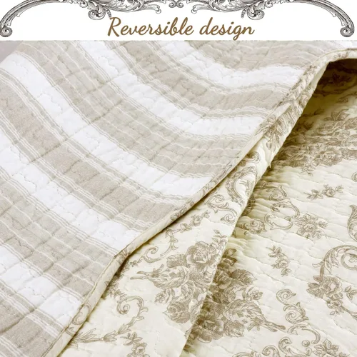 Vista 4 de Cozy Line Home Fashions - Juego de colcha (100 % algodón), con patrón estampado de medallón francés, color beige y borgoña