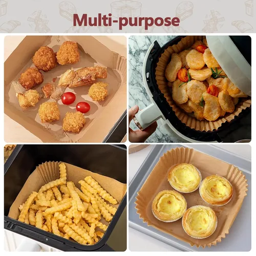 Vista 3 de Revestimientos desechables para freidora de aire de 10 pulgadas, paquete de 100 hojas de papel de pergamino para cesta de freidora de aire