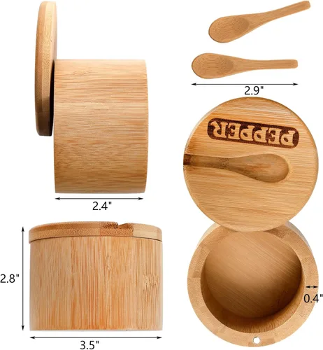 Vista 2 de Lawei Paquete de 2 cuencos de bambú para sal y pimienta, recipiente redondo para sal con tapas magnéticas giratorias y cucharas, bodegas de sal