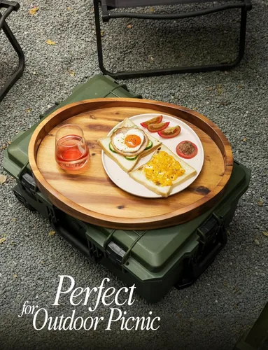 Vista 4 de TIDITA Bandeja de servir ovalada de madera de acacia con asas - 16.5" x 13" Bandeja otomana de mesa ovalada de madera - Bandeja de servir redonda