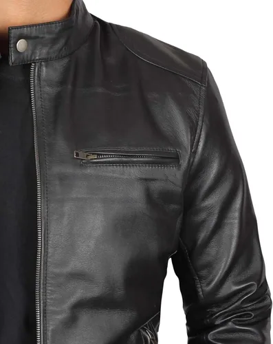Vista 3 de Decrum Cafe Racer Real Lambskin Leather Jackets For Men Motorcycle Style Negro